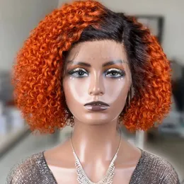 Orange-braune tiefe lockige Bob-Spitze-Front-Perücke, Echthaar-Perücke mit Babyhaar, kurze Pixie-Locken-Bob-Perücke, leimlose Spitzenperücken für Frauen