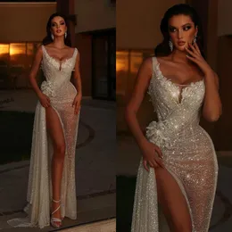 Glitter See Through Evening Dresses Sequins Mermaid Prom Gowns Sleeveless Shiny Illusion Side Split Custom Made Party Dress