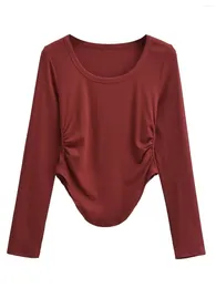 Kvinnors T-skjortor Pure Desire Pleated Long Sleeved T-shirt för 2024 Spring Round Neck Slim Fit Elastic Plush Bottom Top H1O8