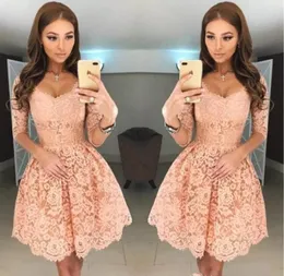 2019 New Sweet Sexy v Neck Full Lace Lace Short HomeComing Dresses Half Sleeves Sheipper Back Mini Short Cocktail Party Dresses9223738