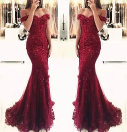 Wine Red Burgogne Prom Dress Lace Mermaid Applices Offtheshoulder Evening Dresses 2019 Vestido de Festa Pärlade paljetter Long Pro1173991