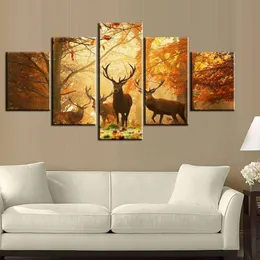 5 pçs / set pôr do sol cervos dourados arte da parede pintura a óleo sobre tela sem moldura pinturas impressionistas animais imagem sala de estar decor2423