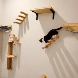 Wall Mounted Cat Shelves Scratching Post Wooden Cat Tree Perches for Wall Cat Steps Ladder Hammock Cat Climbing Wall Furniture 240227