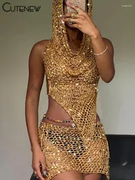 Arbeitskleider Nette Damen Gestrickte Zweiteilige Set Mit Kapuze Leibchen Weste Top Hüfte Dünner Minirock Streetwear Weibliches Kleid Anzug 2024