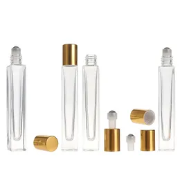 10 ml leere quadratische Klarglas-Rollflasche mit goldenem Verschluss, Edelstahl-Rollkugel für Parfüm mit ätherischen Ölen