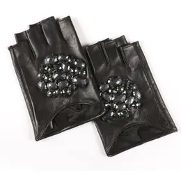 Fashion-2018 Rhinestone Inlay Fingerless Leather Gloves Casual Trendy High Quality Autumn Women All-mathch BE489208W