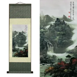 Calligraphy Chinese Style Ink Silk Scroll Painting Silk Reel Rolling Wall Hanging Art for Wall Picture Decoration (39 in x 12 in)