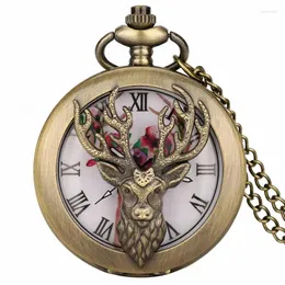 Zegarki kieszonkowe Retro modne rogi definiuj design brązowy łosia pusta okładka Sika Deer Quartz Watch Naszyjnik