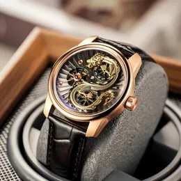 ساعة معصم Oblvlo Top Gold Dragon Dragon Watch Luxury Double Wheels Luminous Print Leather Classic Watches