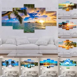 Kalligraphie 5 Panel Landschaft Sonnenuntergang Strand Wolke Meereslandschaft Leinwand Malerei Tropen Palm Coast Poster und Drucke Wand Kunst Home Decor kein Rahmen