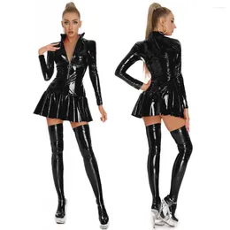 Casual Dresses Women Sexy Wetlook Leather Dress Elastic Erotic Zipper Open Crotch Glossy Latex Pleated Skirt Long Sleeve Sexi