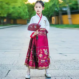 Orientalische Mädchen-Hanfu-Kleidung, weißes Oberteil und roter Rock, 2-teiliges Anzug-Set für Kinder, Mamianqun Twinset, chinesische traditionelle Kleidung für Kinder 240229