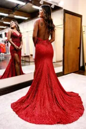Bling Red Abendkleider Sexy Open Back Spaghettiträger Meerjungfrau Prom Party Kleider mit hohem Schlitz BC18369