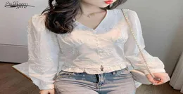 white Vneck Woman blouse Lace Embroidery Clothing Vintage Puff Sleeve Single Breasted shirts and Tops Blusas Mujer 10536 2105081481440