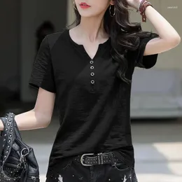 여자 T 셔츠 여성 Tshirts 우수한 품질의 봄/여름 짧은 슬리브 V 목 버튼 단색 레이디스 탑 드롭 ZBBA72