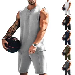 Herrspårsfall Explosiva tankshorts tvådelar Summer Sports Fitness Leisure Solid Color Henry Vest Basketball Suit