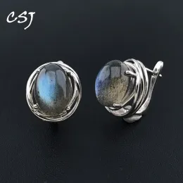 CRAFTS CSJ 100 ٪ Natural Labradorite أقراط STERLING SIER GEMSTONE OVAL10*12MM للنساء حفلة عيد ميلاد هدية المجوهرات العصرية