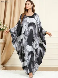 Ethnic Clothing Moroccan Caftan Kimono Abaya Muslim Woman Tie Dye Printed Casual Loose Bat Sleeve O-Neck Dress Kuwaiti Women's Jalabiyat