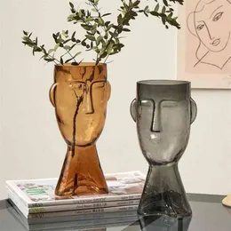 Nordic vidro cabeça humana vaso criativo artístico rosto flores secas vaso de flores recipiente decoração para casa acessórios artesanato 210610278w