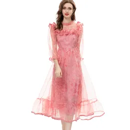 Women's Runway Dresses O Neck 3/4 Sleeves Lace Piping Printed Sexy Tulle Laid Over Elegant Fashion Designer Vestidos