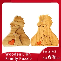 Miniatures Creative Lion Family Wooden Art Puzzle Wooden Puzzle Sculpture Cute Animal Statue Family Wedding Anniversary Gift Warm Ornaments