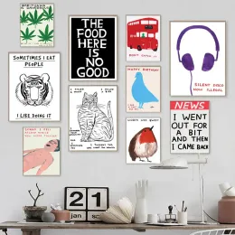 Calligraphy David Shrigley Tiger Earphone Crab Ice Cream Cat Wall Art Nordic Poster tryck Canvas Måla väggbilder vardagsrumsdekor