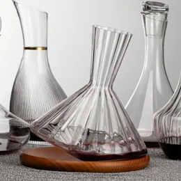 2000Ml Tumbler Wine Decanter with Wood Tray Lead-Free Hand Blown Crystal Wine Carafe Rotating Rapid Sway Whiskey Decanter 240304