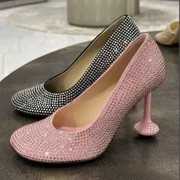 Oyuncak pompası süet ve allover rhinestones kadın lüks tasarımcı ayakkabılar 95mm cleo katırlar cam topuk deri taban kare ayak parmakları moda parti topukları yüksek topuklu ayakkabılar