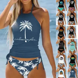 Swim Wear Summer New High Elastic 3D Coconut Tree Printed Bikini Set Two Piece Laced Up Sexy Ladies Beach Swimsuit S-6xl Aquatic Sports 240311