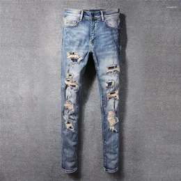 Jeans da uomo High Street Fashion Uomo Retro Blu Stretch Skinny Fit Strappato Perline Patched Designer Hip Hop Pantaloni di marca Hombre