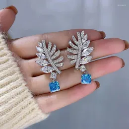 Dangle Earrings Sparkling Leaf Shaped Drop 925 Silver Sky Blue CZ Ear Accessories For Women Arrival 2024 Wedding Trendy Jewelry