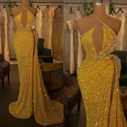 Shiny Yellow Sequined Prom Evening Dresses Sexy Halter Sparkle Rhinestones Formal Occasion Gowns High Thigh Split Long Mermaid Women Special Occasion Dress