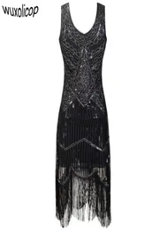 Frauen Party Robe Femme 1920er Jahre Great Gatsby Flapper Pailletten Fransen Midi Vestido Sommer Art Deco Retro Schwarzes Kleid Q1904171876779
