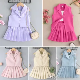 2024 Summer Baby Girls Clothes Fashion Three Piece Set T-shirt Vest +Tank Top Jacket And Mini Skirt British Style Pleated Skirts 3pcs Sets Outfits 3-8Y