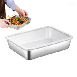 Прямоугольный ящик для хранения столовой посуды из нержавеющей стали с крышкой. Прочные противни для выпечки. Утолщенная металлическая тарелка для обеда.