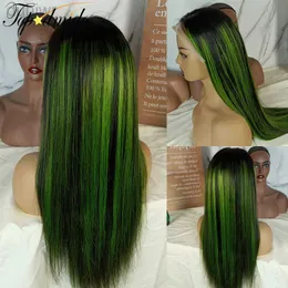 Synthetische Perücken Synthetische Perücken Topodmido Highlight Grüne Farbe 13x4 Lace Front Perücken mit Haar Haarperücke Remy Haar 4x4 Verschluss Perücke für Frauen ldd240313