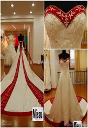 NewTop selling Cheap Strapless Cathedral train Tail Red And white Bridal gown Embroidery wedding dress9303158