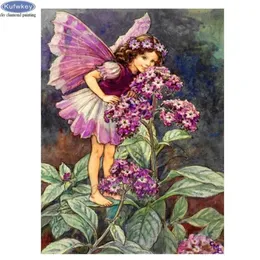 Malarstwo diamentów 5D Purpl Flowers Girl Rhinestone Butterfly Fairy Cross Stitch DIY Haft haftery mozaiki 2079