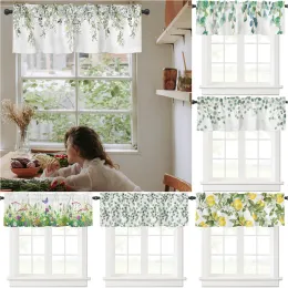 Vorhänge, grüner Volant-Vorhang für Küchenfenster, Aquarell-Eukalyptus-Stangentasche, Fensterbehandlung, Blätter mit floralem Kurzvorhang