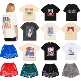 デザイナーRHUDE MENSTシャツ夏ヘビーファブリックカップル女性用メンメンズ半袖ショーツトップクオスマンTシャツUSサイズS-XL卸売