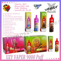 100% Original Uzy Vaper 9000 Puff Disposable Vape Pen 0% 2% 3% 5% Nivå 18 ML Förfylld POD 850mAh Uppladdningsbart batteri 9K Puffs E Cigarett 15 smaker