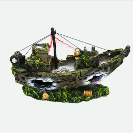 Decorations Aquarium Decor Fish Tank Resin Shipwreck Decoration Pirate Treasure Ship Fishing Net Ornament Accessories Statue For Fishes Hide