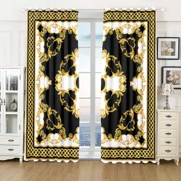 Curtains 2 Pcs Cheap Print Black Gold Classic Brand Luxury Pattern Shading Window Thin Curtain for Living Room Bedroom Decor Hook