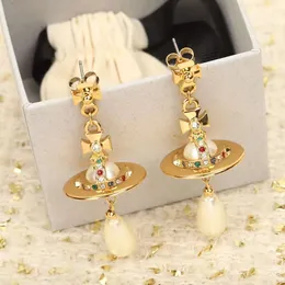 Viviennes Westwood Earrings Saturn Planet Micro Earrings Gold Colored Diamond Short Drip Pearl Saturn Womens Earrings