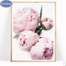 Kufwkey diamant färg fyrkantig rund bild peonies diamant målning mosaik strass broderi rosa blommor väggdekor252o