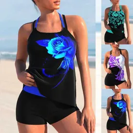 Badebekleidung, zweiteiliger Damen-Badeanzug, blaue Weste, bedruckt mit Rose, Schnürung, sexy Weste, Strandrock, S-6XL, Wassersport, 240311