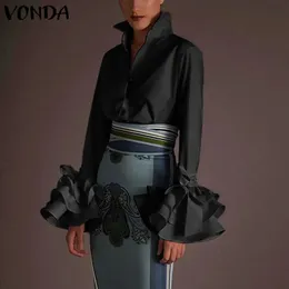 Vonda Lady Lapel Neck Button Koszule Koszule Solid Kolor Top Puff Sleeve Bluzja Autusz Long Rleeve Eleganckie biuro 240306