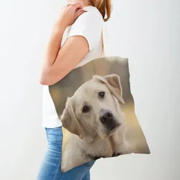 Sacos de compras Labrador Retriever Print Shopper Cute Dog Lady Canvas Tote Bolsa Reutilizável Ambos os Lados Saco Casual para Mulheres