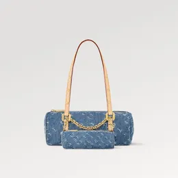 Explosion NEW Women's M46830 Papillon handbag Denim miniature bag canvas bags multi-step process weaving cotton bleached unique Blue Natural cowhide leather