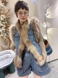 Coletes femininos outono/inverno sem mangas pele sintética engrossado casaco de algodão quente colete curto denim retalhos jaqueta jeans